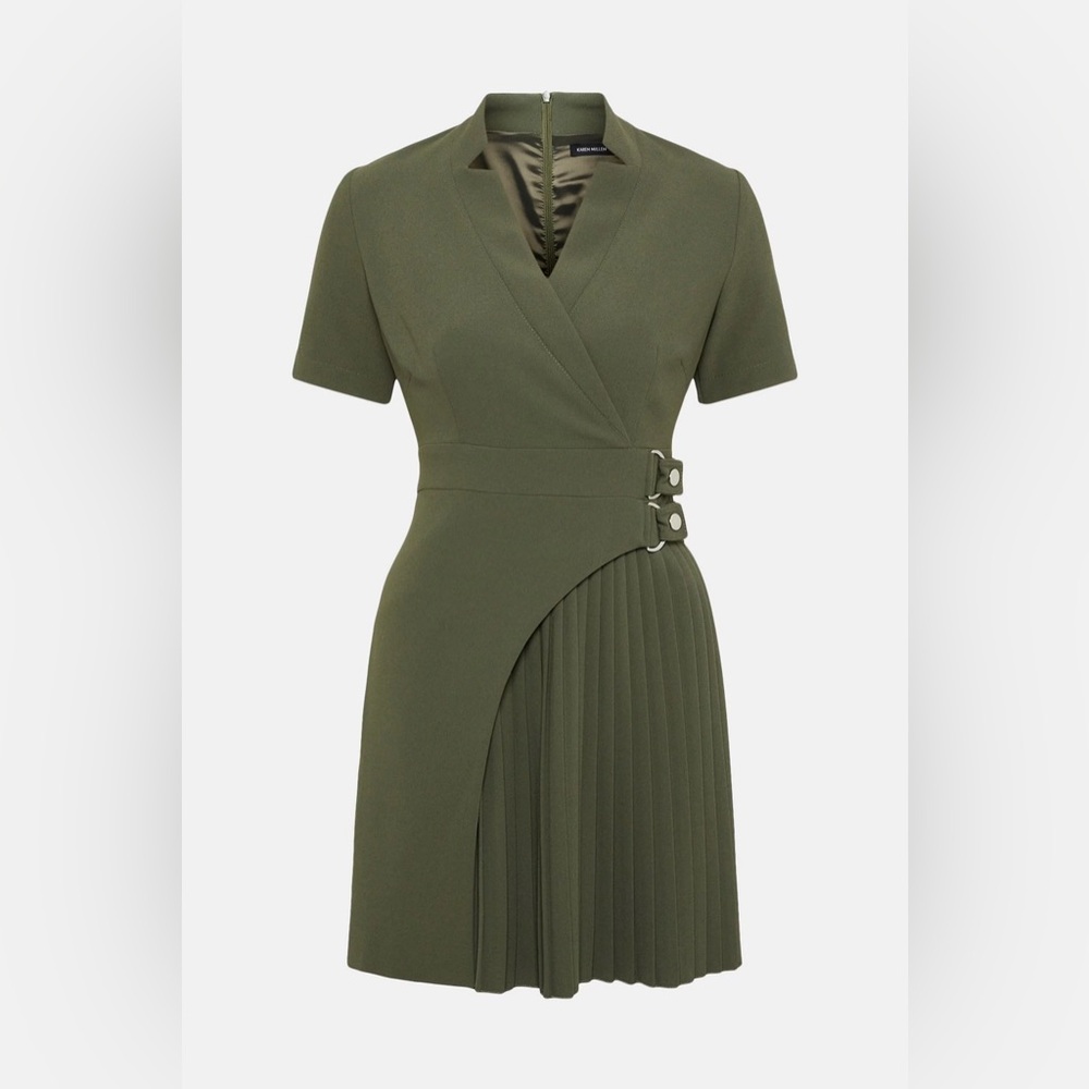 Karen Millen Tailored Military Pleat Notch Neck Wrap Mini Dress in “Khaki”